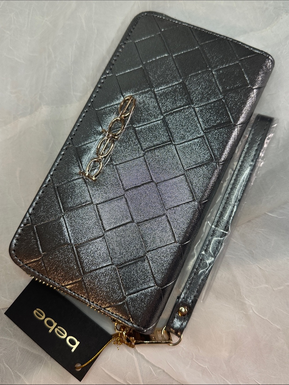 bebe Black Quilted Zip Wallet with Gold Hardware